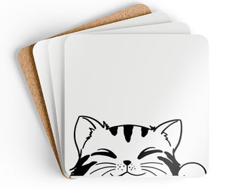 Adorable Cute Kitten Print, Set of 4 Cork Coasters,  Cat Lover's Essential, Corkwood Coaster Set