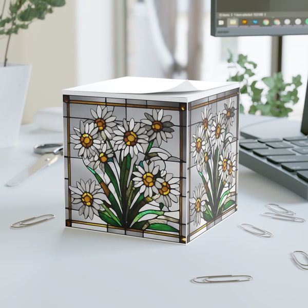 Bunter Buntglas-Notizwürfel mit Gänseblümchen-Blumenstrauß – einzigartiges Geschenk für Sie. Notizwürfel