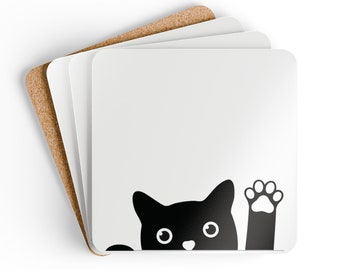 Whimsical Cat Design Coaster, Fun Cat Design for your home decor, Corkwood Coaster Set