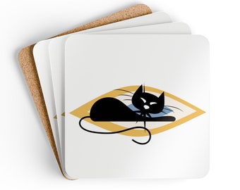 Retro Style Cat Coaster Collection, Sleeping Cat, Set of 4 Cork Drink Mats, Corkwood Coaster Set