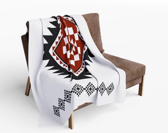 Boho Aztec Fleece Blanket Red White and Black Design, Cozy Home Decor