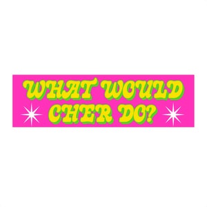 May include: A rectangular pink bumper sticker with the text "WHAT WOULD CHER DO?" in yellow letters with a green outline. White starbursts flank the text on either side.
