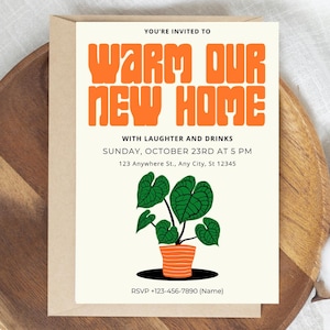 Editable Housewarming Invite | Minimalist Retro Design with Plant | Modern Printable New Home Invite | Editable Canva Download