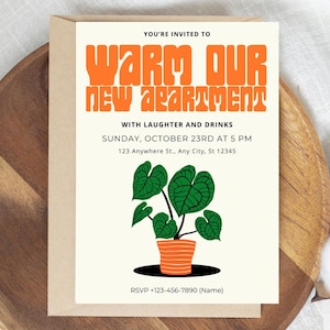 Editable Housewarming Invite | Minimalist Retro Design with Plant | Modern Printable New Apartment Invite | Editable Canva Download