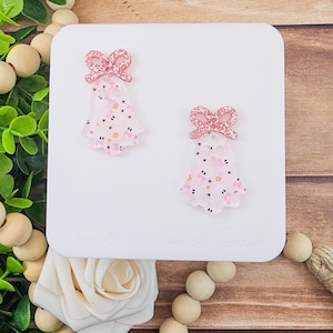 Pink Ghost with Bow Earring Blanks, Price Per Pair, DIY Acrylic Earring Blanks, Halloween Earring Blanks