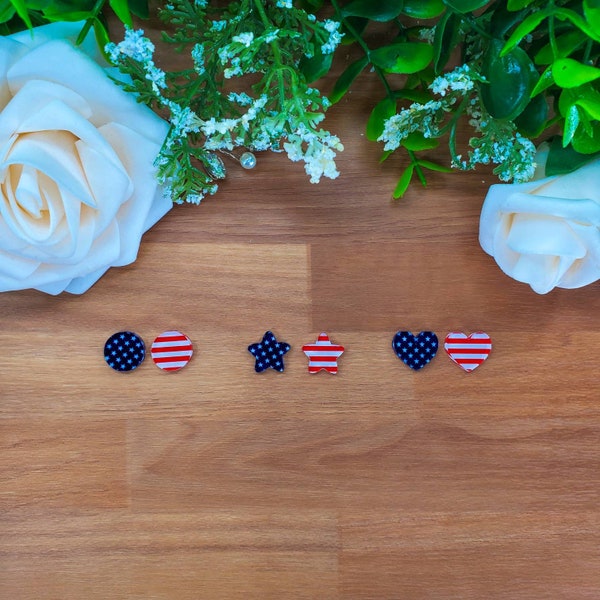 Stars and Stripes Stud Earrings, Fourth of July Earring Blanks, Price Per Pair, Mismatched Jewelry Blanks, DIY, Red White And Blue Earrings