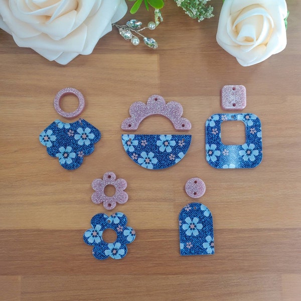 Denim Daisy Earring Blanks for Jewelry Makers, Price Per Pair, Acrylic Earring Blanks, DIY, Valentine's Day