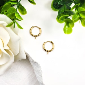 May include: Two gold-colored hoop earrings with a small loop at the bottom. The earrings are set against a white background, with green leaves and a white flower in the corners. The earrings are simple and elegant.