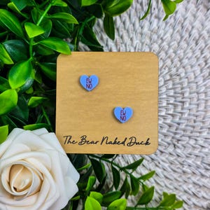 May include: A pair of light blue heart-shaped earrings with the text "EW NO" in purple. The earrings are displayed on a wooden square with the text "The Bear Naked Duck". The background includes greenery and a white rose.