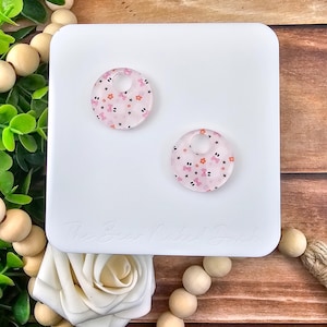 Pink Ghost Print Huggie Hangers Earring Blanks, Price Per Pair, DIY Acrylic Earring Blanks, Halloween Earring Blanks