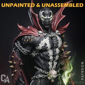 May include: Unpainted and unassembled plastic model kit of the superhero Spawn. The figure is in a dynamic pose with a red cape and chains. The figure has a skull on its belt and green glowing energy effects.