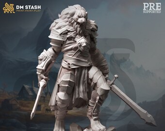 May include: A detailed miniature figurine of a lion-like humanoid warrior, wearing armor and wielding a sword. The figure is posed in a dynamic stance, with a fierce expression on its face. The figurine is made of a light gray material and is pre-supported for easy printing.