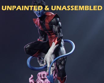 May include: Unpainted and unassembled plastic model kit of a blue and red superhero figure standing on a pink cloud base. The figure has a blue tail and is in a dynamic pose.