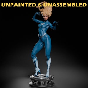 May include: Unpainted and unassembled blue plastic figurine of a woman with blonde hair standing on a circular base.