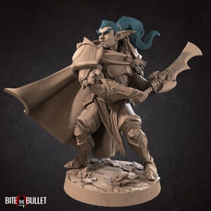 May include: A detailed miniature figurine of an elf warrior, painted in a brown and grey color scheme. The elf is wearing armor and holding a sword. The figurine is standing on a rocky base.
