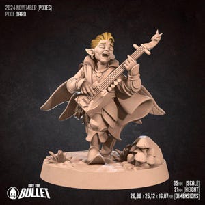 May include: A miniature figurine of a pixie bard playing a lute. The pixie is wearing a flowing robe and has a mischievous expression on its face. The figurine is painted in shades of brown and beige and is approximately 35 mm tall.