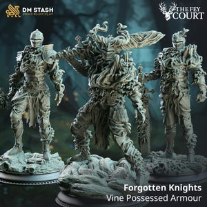 May include: Three miniature figures of knights in armor, covered in vines and leaves. The knights are posed in a fighting stance, with swords drawn. The figures are painted in a gray and green color scheme. The text "Forgotten Knights Vine Possessed Armour" is printed below the figures.