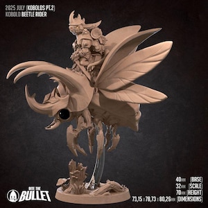 May include: A detailed sculpture of a Kobold Beetle Rider. The figure is mounted on a large beetle with detailed wings. The base is 40mm, scale is 32mm, and height is 70mm. Dimensions are 73.15 x 78.73 x 80.26mm. The text reads "2025 JULY (KOBOLDS PT.2) KOBOLD BEETLE RIDER".