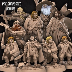 May include: A set of nine pre-supported miniature figures, including a wizard, an elf, a dwarf, and six hobbits. The figures are painted in a light brown color and are ready to be assembled and painted.