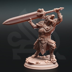 May include: A brown, detailed miniature figurine of a reptilian creature wearing armor and holding a large sword. The creature has a fierce expression and is standing on a circular base.