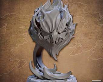 May include: A gray 3D printed miniature of an infernal spirit, a floating head with flames and a menacing expression. The spirit is on a circular base.