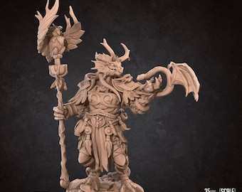 May include: A detailed miniature figurine of a dragonborn druid, painted in a light brown color. The figure is holding a staff with a bird perched on top and a small dragon in its other hand. The figure is standing on a base with a leafy design. The text "2024 JUNE (DRAGONBORN PT.2) DRAGONBORN DRUID" is visible at the top of the image. The text "BITE THE BULLET" is visible at the bottom of the image. The text "35MM (SCALE)" is visible at the bottom right of the image. The text "38MM (HEIGHT)" is visible at the bottom right of the image. The text "46,30 x 59,15 x 36,87MM (DIMENSIONS)" is visible at the bottom right of the image.