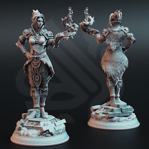 May include: A gray, detailed miniature figurine of a female elf warrior holding a sword. The elf is wearing armor and a fur cloak. The figurine is standing on a base made of broken stones.