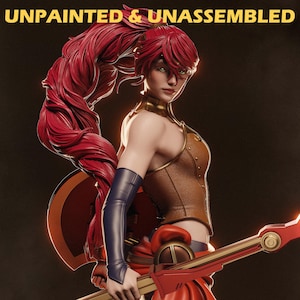 May include: Unpainted and unassembled figurine of a female character with long red hair. She wears a brown corset, blue arm sleeves, and holds a red weapon. The figurine is a collectible item.