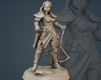 May include: A miniature figurine of a female warrior in a fantasy setting. She is wearing armor and holding a crossbow. The figurine is painted in a light gray color.