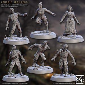 May include: A collection of gray, 3D-printed zombie miniatures. Each figure is posed in a dynamic action stance, with visible skeletal features and tattered clothing. The bases are textured to resemble a stone or debris-filled environment. The text "ZOMBIE WALKERS" is at the top.