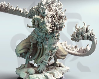 May include: A detailed, hand-painted miniature figurine of a mythical creature with horns, a lion-like face, and a fiery mane. The creature is standing on a rocky base and has a long, flowing tail.