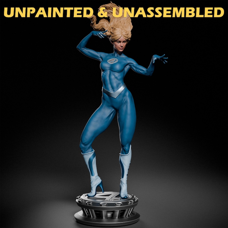 May include: Unpainted and unassembled plastic model kit of a female superhero figure in a blue suit with a silver belt and boots. The figure is posed with one hand on her head and the other outstretched. The figure is standing on a circular base.