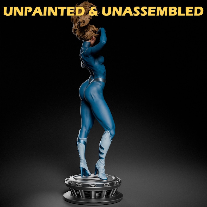 May include: Unpainted and unassembled blue plastic figurine of a woman in a blue jumpsuit and boots standing on a circular base.