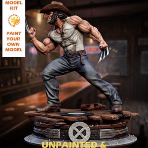 May include: Unpainted and unassembled resin model kit of Wolverine, a Marvel Comics character, in a dynamic pose. The figure wears a tank top, jeans, and a cowboy hat, with claws extended. The kit includes the text "DIY Resin Model Kit" and "Paint Your Own Model."