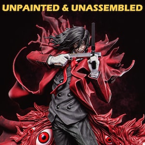 May include: Unpainted and unassembled plastic model kit of a vampire character with a red coat, black suit, and a gun. The character is standing on a base with red and black details.