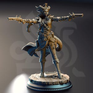 May include: A detailed figurine of a female pirate, holding two flintlock pistols. The figure wears a detailed coat, corset, and boots, with a horned headdress. The base is a wooden deck, and the overall color is a muted gray.