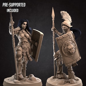 May include: A 3D printed miniature of a female warrior wearing armor and holding a spear and shield. The shield has a lion design. The miniature is pre-supported and ready to be printed.