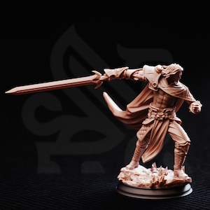 May include: A detailed figurine of a warrior in a dynamic pose, holding a sword. The figure is clad in armor and a flowing cape, with intricate detailing. The color is a muted, earthy tone, set against a dark background. The figurine is mounted on a small base.