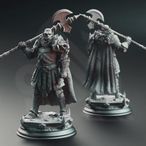 May include: A gray painted miniature figurine of an orc warrior wearing armor and holding a large axe. The figurine is standing on a circular base.