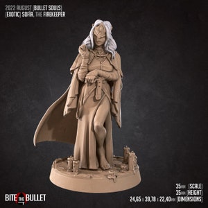 May include: A 35mm scale miniature figurine of a female character with long white hair, wearing a long robe and a blindfold. The figurine is standing on a circular base with candles around it. The text "2022 AUGUST (BULLET SOULS) (EXOTIC) SOFÍA, THE FIREKEEPER" is visible at the top of the image. The text "BITE THE BULLET" is visible at the bottom of the image. The text "35MM (SCALE)" is visible at the bottom right of the image. The text "35MM (HEIGHT)" is visible at the bottom right of the image. The text "24,65 x 39,78 x 22,40MM (DIMENSIONS)" is visible at the bottom right of the image.