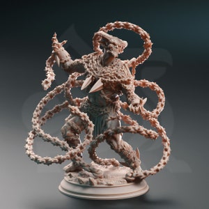 May include: A detailed miniature figurine of a demon-like creature with horns and a fierce expression. The figure is covered in chains with spikes, and the chains are wrapped around the figure's body and arms. The figure is standing on a circular base.
