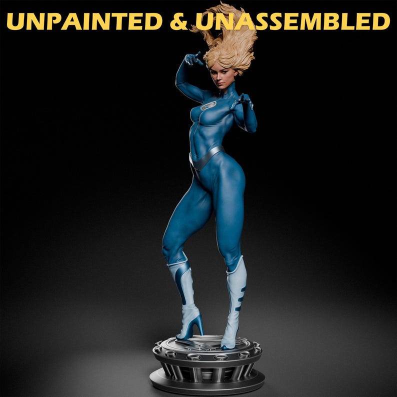 May include: Unpainted and unassembled plastic model kit of a female superhero figure in a blue suit with blonde hair. The figure is posed with one hand on her hip and the other raised above her head. The figure is standing on a circular base.