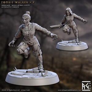 May include: A gray, 3D-printed Zombie Walker miniature figure. The figure is in a dynamic pose, with one leg extended and arms outstretched. The figure is wearing a detailed outfit and is mounted on a circular base. The text "ZOMBIE WALKER + F" is visible.