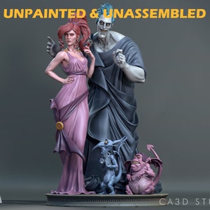 May include: Unpainted and unassembled 3D printed model kit of Hades and Persephone from Disney's Hercules. The figures are posed in a dramatic stance, with Hades holding his hand up in a gesture of power and Persephone standing beside him with a confident expression. The kit also includes two smaller figures of Pain and Panic, Hades's loyal henchmen.