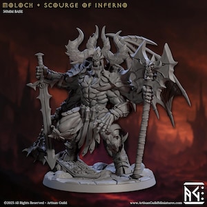 May include: A gray miniature figure of Moloch, the Scourge of Inferno, holding a sword and a large axe-like weapon. The figure has horns, wings, and detailed armor. The base is 50mm. The Artisan Guild logo and website are visible.