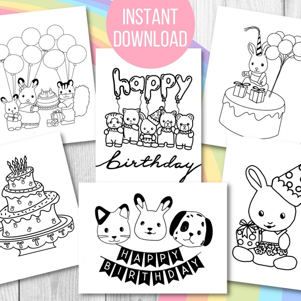 PRINTABLE Calico Critters Birthday Coloring Pages, DIY Print & Color Set of 6 Designs