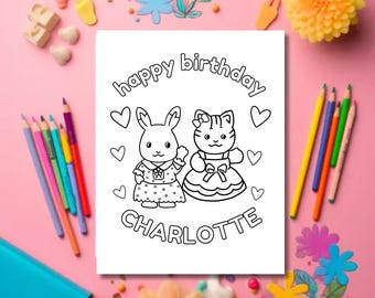 Página para colorir personalizada de aniversário dos Calico Critters (Download digital)