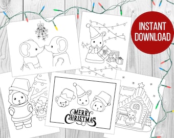 Calico Critters - Pagine da colorare natalizie stampabili, set fai da te da stampare e colorare di 5 disegni