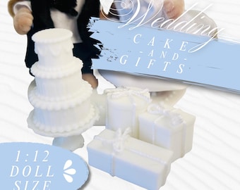 Doll House Miniature WEDDING 5 Piece Cake & Gifts Mini Bridal Decor for Dolls Dollhouses