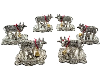 Cow and Calf Idol for Pooja || Kamdhenu Cow Silver Metal || Pooja Gift Item size : 3*2 || Set Of 6